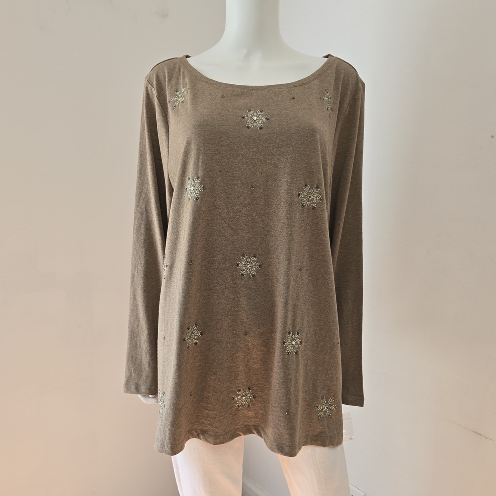 Talbots Embellished Beaded Snowflake Top T-Shirt Size 3X Brown Long Sleeve NWT